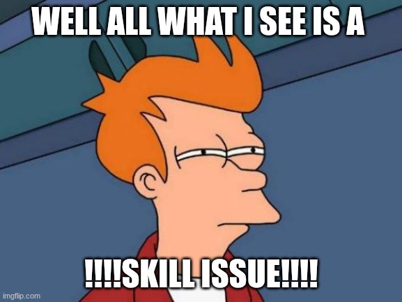 Futurama Fry Meme | WELL ALL WHAT I SEE IS A !!!!SKILL ISSUE!!!! | image tagged in memes,futurama fry | made w/ Imgflip meme maker