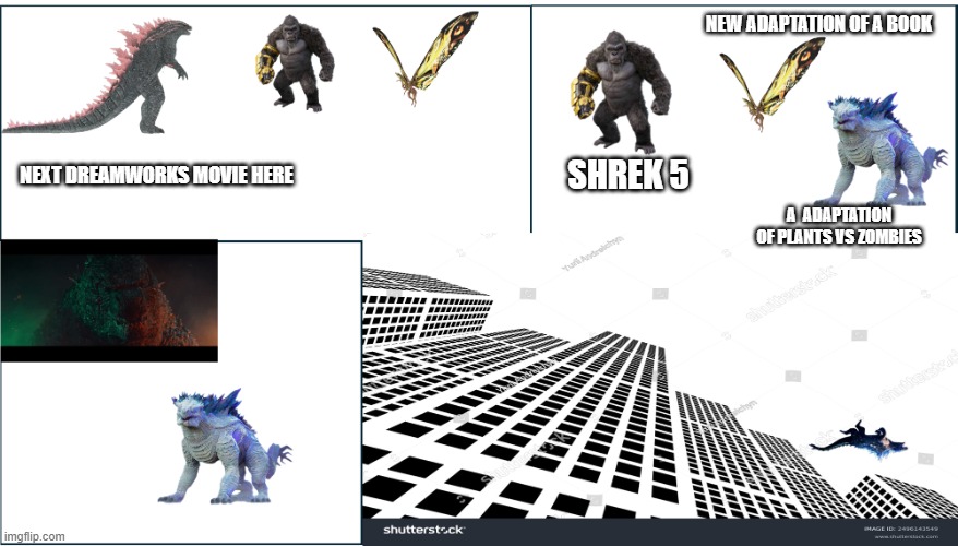 REALLY DREAMWORKS HERE | NEW ADAPTATION OF A BOOK; SHREK 5; NEXT DREAMWORKS MOVIE HERE; A  ADAPTATION OF PLANTS VS ZOMBIES | image tagged in meeting board room template godzilla version | made w/ Imgflip meme maker