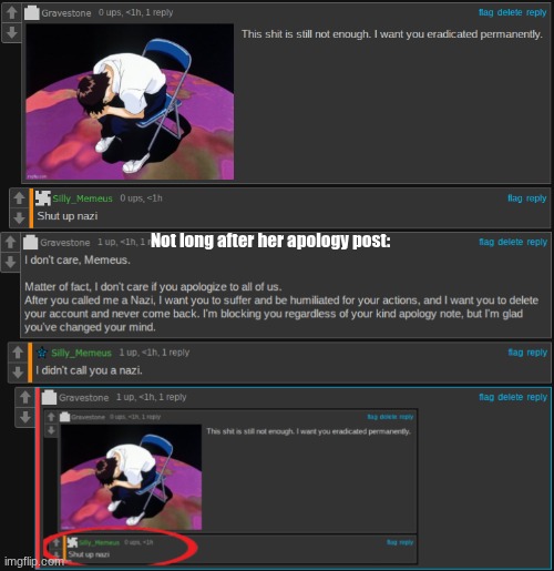 Not long after her apology post: | made w/ Imgflip meme maker