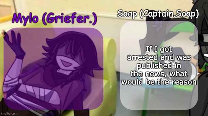Soap's and Mylo's forsaken temp | If I got arrested and was published in the news, what would be the reason | image tagged in soap's and mylo's forsaken temp | made w/ Imgflip meme maker