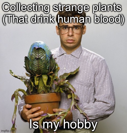 Plants | Collecting strange plants 
(That drink human blood); Is my hobby | image tagged in rick moranis little shop of horrors | made w/ Imgflip meme maker