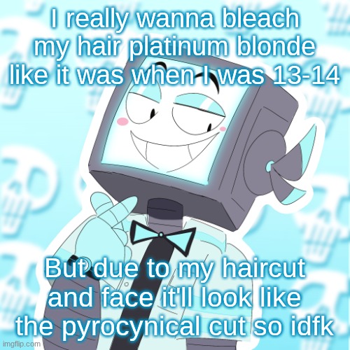 chat should I do it | I really wanna bleach my hair platinum blonde like it was when I was 13-14; But due to my haircut and face it'll look like the pyrocynical cut so idfk | image tagged in stupid clanker icy | made w/ Imgflip meme maker