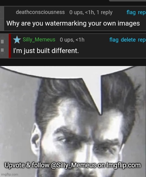 Upvote & follow @Silly_Memeus on Imgflip.com | image tagged in gigachad speech bubble | made w/ Imgflip meme maker
