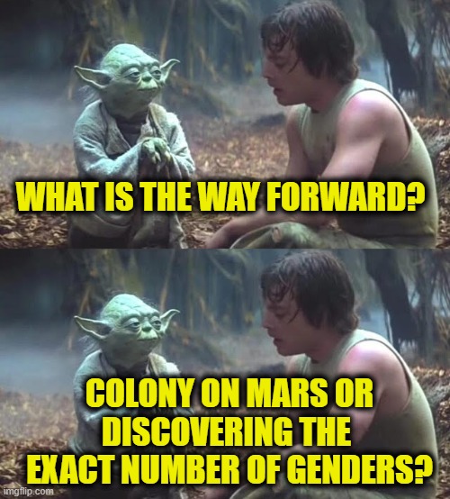 The Fall or the Rise of Western Civilization | WHAT IS THE WAY FORWARD? COLONY ON MARS OR
DISCOVERING THE 
EXACT NUMBER OF GENDERS? | image tagged in in the future | made w/ Imgflip meme maker