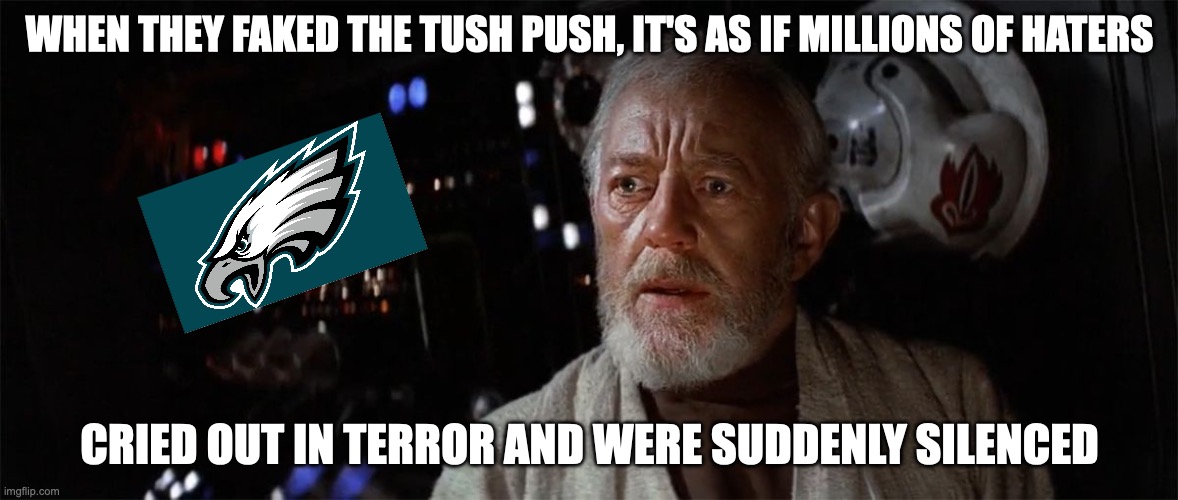 Obi Wan - Suddenly Silenced | WHEN THEY FAKED THE TUSH PUSH, IT'S AS IF MILLIONS OF HATERS; CRIED OUT IN TERROR AND WERE SUDDENLY SILENCED | image tagged in obi wan - suddenly silenced,philadelphia eagles | made w/ Imgflip meme maker