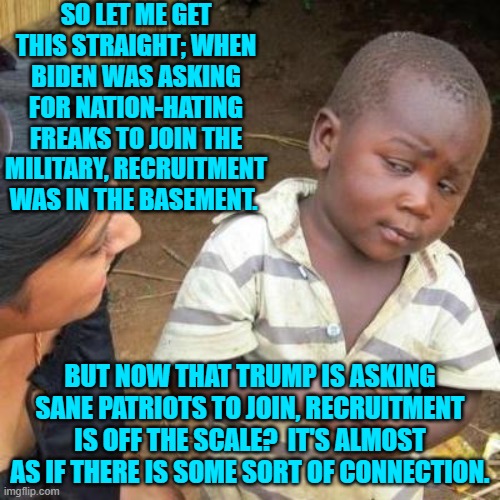 Oops, eh leftists? | SO LET ME GET THIS STRAIGHT; WHEN BIDEN WAS ASKING FOR NATION-HATING FREAKS TO JOIN THE MILITARY, RECRUITMENT WAS IN THE BASEMENT. BUT NOW THAT TRUMP IS ASKING SANE PATRIOTS TO JOIN, RECRUITMENT IS OFF THE SCALE?  IT'S ALMOST AS IF THERE IS SOME SORT OF CONNECTION. | image tagged in so you're telling me | made w/ Imgflip meme maker