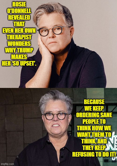 Getting into a leftist's head is like dumpster diving in July. | ROSIE O’DONNELL REVEALED THAT EVEN HER OWN THERAPIST WONDERS WHY TRUMP MAKES HER ‘SO UPSET’. BECAUSE WE KEEP ORDERING SANE PEOPLE TO THINK HOW WE WANT THEM TO THINK, AND THEY KEEP REFUSING TO DO IT! | image tagged in yep | made w/ Imgflip meme maker