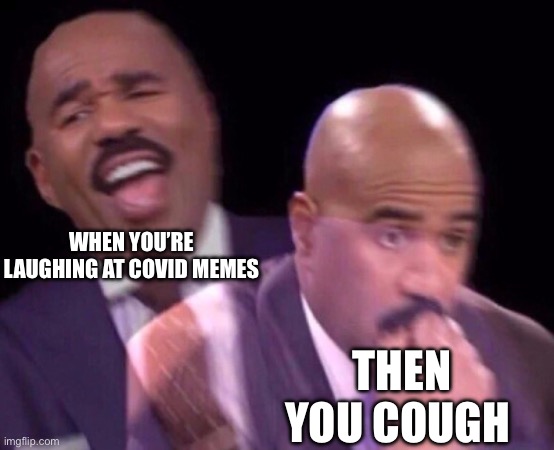 Steve Harvey Laughing Serious | WHEN YOU’RE LAUGHING AT COVID MEMES; THEN YOU COUGH | image tagged in steve harvey laughing serious | made w/ Imgflip meme maker