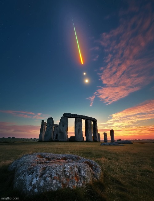 Meteor over Stonehenge at Sunset | image tagged in stonehenge,meteor,sunset,awesome,pic | made w/ Imgflip meme maker