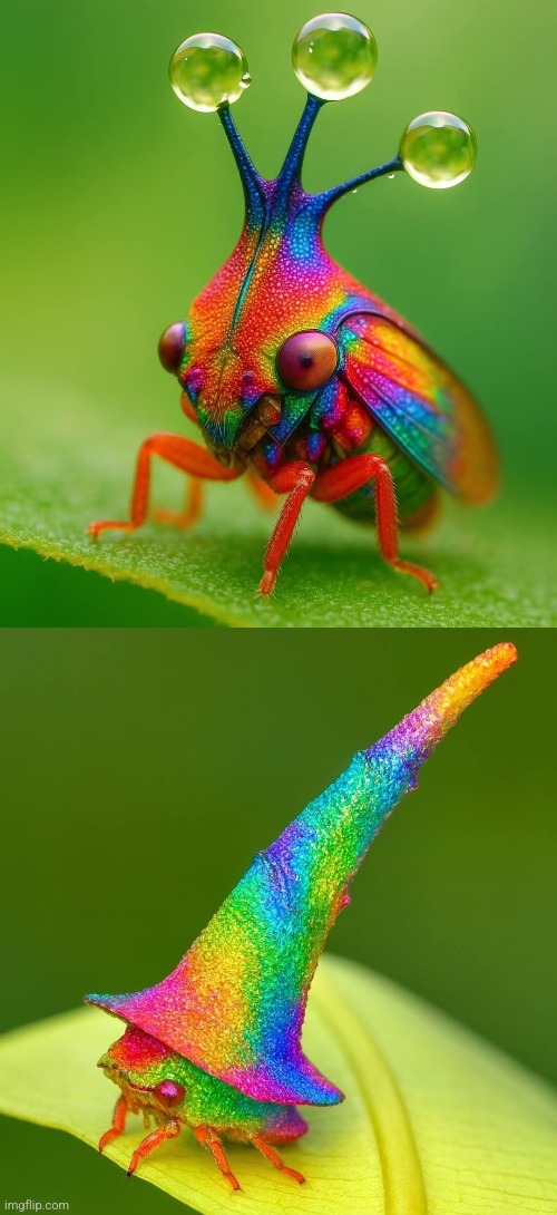 Rainbow Tree hoppers | image tagged in bugs,insects,rainbow,tree,hopper | made w/ Imgflip meme maker
