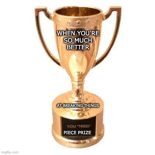 Participation trophy | WHEN YOU'RE
SO MUCH
BETTER PIECE PRIZE AT BREAKING THINGS | image tagged in participation trophy | made w/ Imgflip meme maker