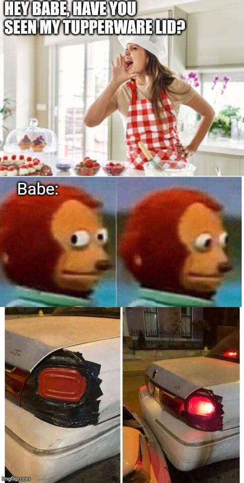Light bulb! | HEY BABE, HAVE YOU SEEN MY TUPPERWARE LID? Babe: | image tagged in feel guilty,tupperware,tail,light,improvise adapt overcome,modern problems require modern solutions | made w/ Imgflip meme maker