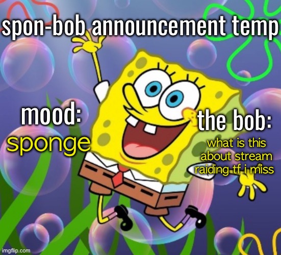 spon-bob announcement | sponge; what is this about stream raiding tf i miss | image tagged in spon-bob announcement | made w/ Imgflip meme maker
