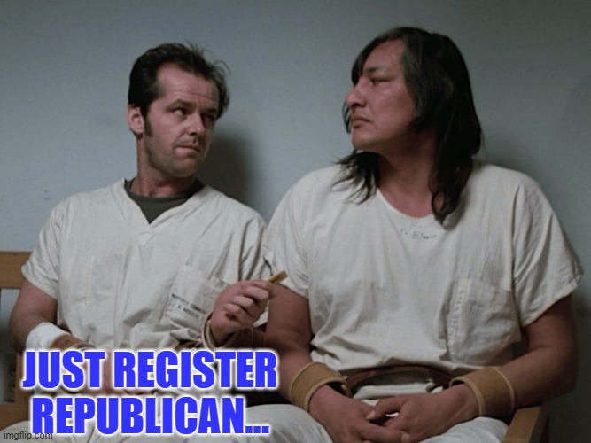 One flew over the cuckoos nest | JUST REGISTER REPUBLICAN... | image tagged in one flew over the cuckoos nest | made w/ Imgflip meme maker
