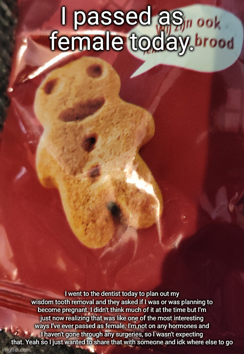 cookie 2 | I passed as female today. I went to the dentist today to plan out my wisdom tooth removal and they asked if I was or was planning to become pregnant. I didn't think much of it at the time but I'm just now realizing that was like one of the most interesting ways I've ever passed as female. I'm not on any hormones and I haven't gone through any surgeries, so I wasn't expecting that. Yeah so I just wanted to share that with someone and idk where else to go | image tagged in cookie 2 | made w/ Imgflip meme maker
