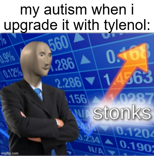 autism tylenol stonks | my autism when i upgrade it with tylenol: | image tagged in stonks | made w/ Imgflip meme maker