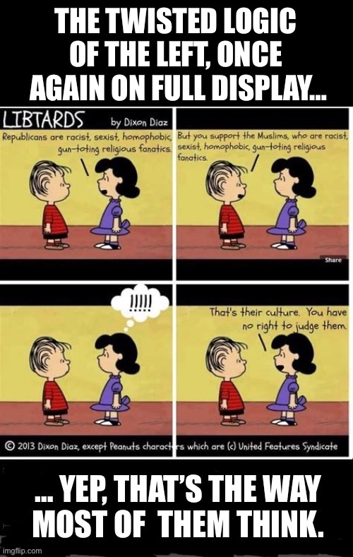 More leftist ill-logic… | THE TWISTED LOGIC 
OF THE LEFT, ONCE 
AGAIN ON FULL DISPLAY… | image tagged in political,libtards,linus and lucy,liberal hypocrisy,islamic extremism | made w/ Imgflip meme maker