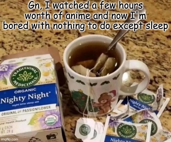 Nighty night | Gn, I watched a few hours worth of anime and now I'm bored with nothing to do except sleep | image tagged in nighty night | made w/ Imgflip meme maker