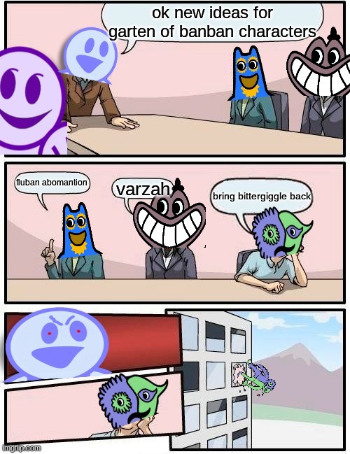 how garten of banban make their characters meeting | image tagged in mascots,boardroom meeting suggestion | made w/ Imgflip meme maker