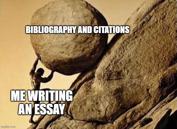 DUDE CARRYING A ROCK TO A HILL | BIBLIOGRAPHY AND CITATIONS; ME WRITING AN ESSAY | image tagged in dude carrying a rock to a hill | made w/ Imgflip meme maker