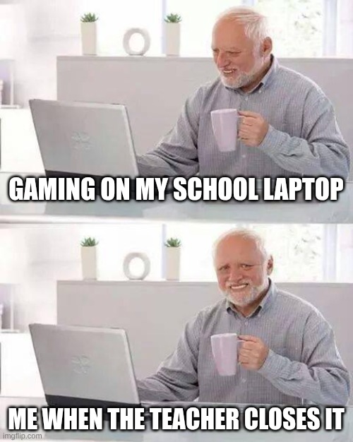 Hide the Pain Harold Meme | GAMING ON MY SCHOOL LAPTOP; ME WHEN THE TEACHER CLOSES IT | image tagged in memes,hide the pain harold,school | made w/ Imgflip meme maker