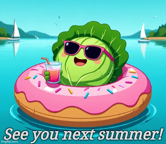 cabbage innertubing on lake | See you next summer! | image tagged in doughnut,pink,frosting,sun,summer,swim | made w/ Imgflip meme maker