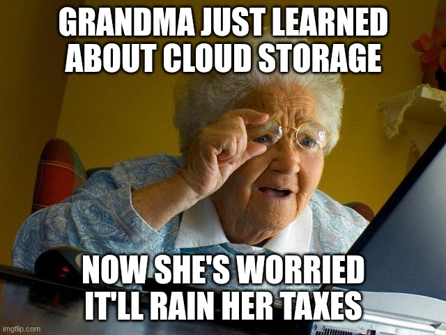 Grandma Finds The Internet Meme | GRANDMA JUST LEARNED ABOUT CLOUD STORAGE; NOW SHE'S WORRIED IT'LL RAIN HER TAXES | image tagged in memes,grandma finds the internet | made w/ Imgflip meme maker