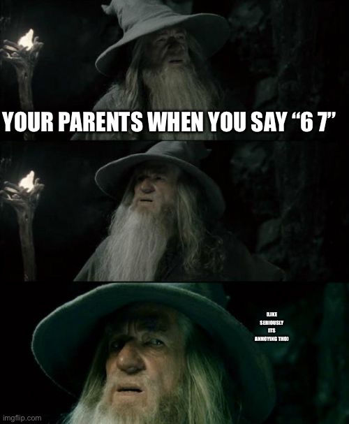 Confused Gandalf Meme | YOUR PARENTS WHEN YOU SAY “6 7”; (LIKE SERIOUSLY ITS ANNOYING THO) | image tagged in memes,confused gandalf | made w/ Imgflip meme maker