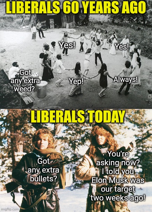 In just a few decades, the liberals have gone from pacifist hippie pot-heads to domestic terrorists assasins?!? | LIBERALS 60 YEARS AGO; Yes! Yes! Got any extra weed? Always! Yep! LIBERALS TODAY; You're asking now? I told you Elon Musk was our target two weeks ago! Got any extra bullets? | image tagged in changes,liberalism,failure,liberal hypocrisy,liberal media,hate speech | made w/ Imgflip meme maker