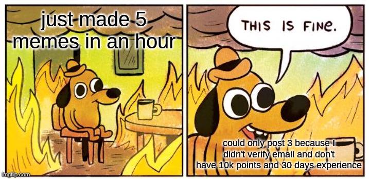 Image Title | just made 5 memes in an hour; could only post 3 because I didn't verify email and don't have 10k points and 30 days experience | image tagged in memes,this is fine,funny,relatable,email verification,under 10k points | made w/ Imgflip meme maker