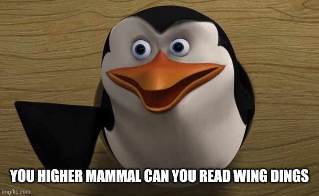 You Higher mammal can you read this? | YOU HIGHER MAMMAL CAN YOU READ WING DINGS | image tagged in you higher mammal can you read this | made w/ Imgflip meme maker
