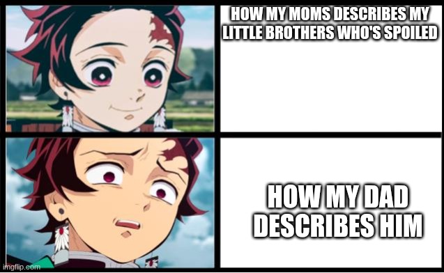 Tanjiro approval | HOW MY MOMS DESCRIBES MY LITTLE BROTHERS WHO'S SPOILED; HOW MY DAD DESCRIBES HIM | image tagged in tanjiro approval | made w/ Imgflip meme maker