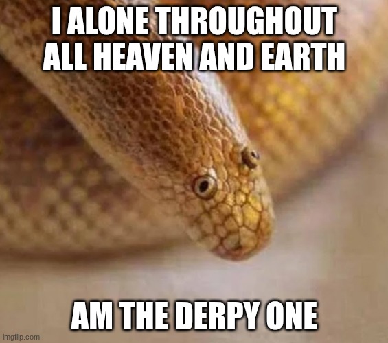 Arabian sand boa | I ALONE THROUGHOUT ALL HEAVEN AND EARTH; AM THE DERPY ONE | image tagged in arabian sand boa | made w/ Imgflip meme maker