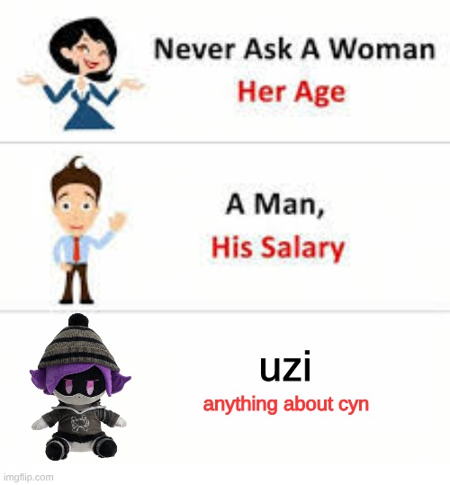 Never ask a woman her age | uzi; anything about cyn | image tagged in never ask a woman her age,murder drones | made w/ Imgflip meme maker