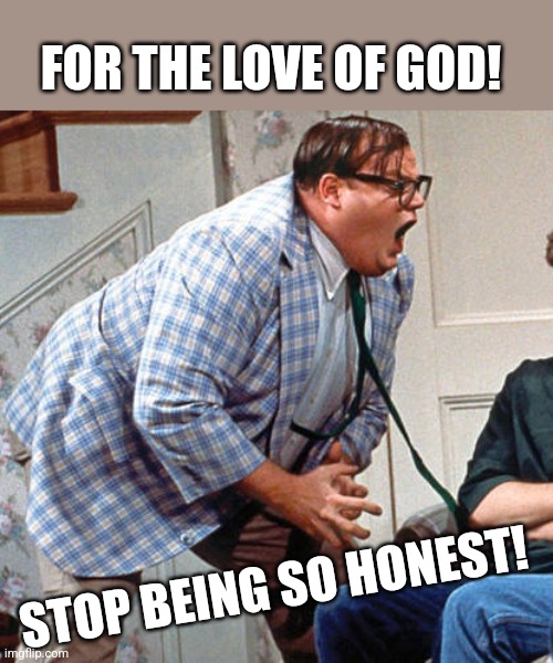 Chris Farley For the love of god | FOR THE LOVE OF GOD! STOP BEING SO HONEST! | image tagged in chris farley for the love of god | made w/ Imgflip meme maker