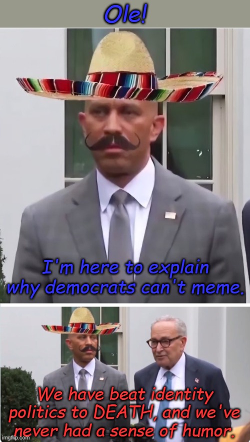 When your party is working to destroy the USA, it's so hard not to be ridiculed. | Ole! I'm here to explain why democrats can't meme. We have beat identity politics to DEATH, and we've never had a sense of humor. | image tagged in jeffries,shutdown | made w/ Imgflip meme maker