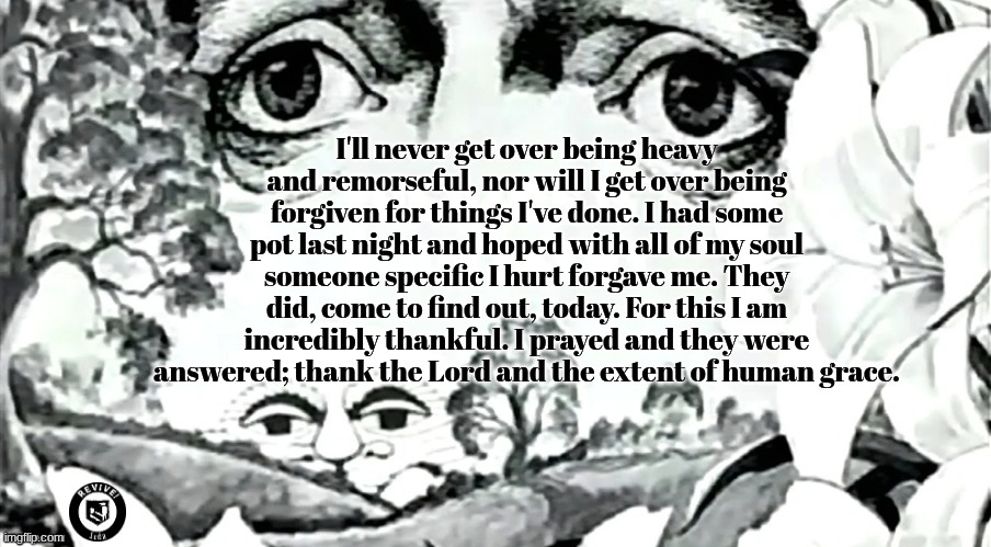 genuine relief <3 | I'll never get over being heavy and remorseful, nor will I get over being forgiven for things I've done. I had some pot last night and hoped with all of my soul someone specific I hurt forgave me. They did, come to find out, today. For this I am incredibly thankful. I prayed and they were answered; thank the Lord and the extent of human grace. | image tagged in the dawn is your enemy quick revive logo added,i'll never forgive myself,but it's nice that someone else did | made w/ Imgflip meme maker