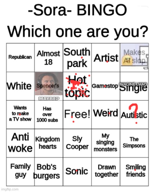 I think he likes hot topic guys idk | IMAGINE LMAO | image tagged in -sora- bingo | made w/ Imgflip meme maker