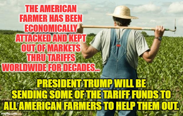 farmer | THE AMERICAN FARMER HAS BEEN ECONOMICALLY ATTACKED AND KEPT OUT OF MARKETS THRU TARIFFS WORLDWIDE FOR DECADES... PRESIDENT TRUMP WILL BE SENDING SOME OF THE TARIFF FUNDS TO ALL AMERICAN FARMERS TO HELP THEM OUT. | image tagged in farmer | made w/ Imgflip meme maker