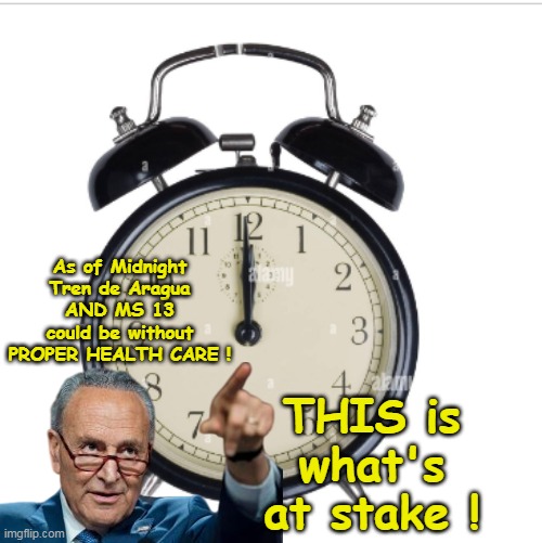 Countdown to insanity | As of Midnight Tren de Aragua AND MS 13 could be without PROPER HEALTH CARE ! THIS is what's at stake ! | image tagged in schumer shut down ms13 healthcare meme | made w/ Imgflip meme maker