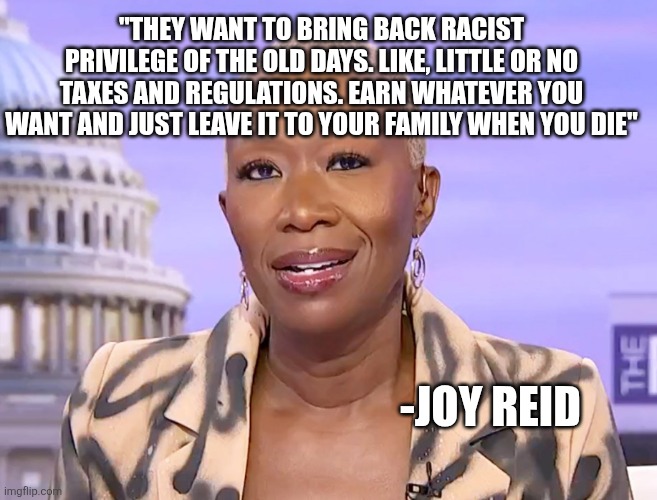 Is this some kind of inversion voodoo? | "THEY WANT TO BRING BACK RACIST PRIVILEGE OF THE OLD DAYS. LIKE, LITTLE OR NO TAXES AND REGULATIONS. EARN WHATEVER YOU WANT AND JUST LEAVE IT TO YOUR FAMILY WHEN YOU DIE"; -JOY REID | image tagged in funny memes | made w/ Imgflip meme maker