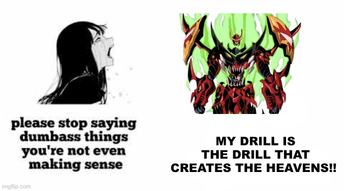 please stop saying dumbass things youre not even making sense | MY DRILL IS THE DRILL THAT CREATES THE HEAVENS!! | image tagged in please stop saying dumbass things youre not even making sense | made w/ Imgflip meme maker