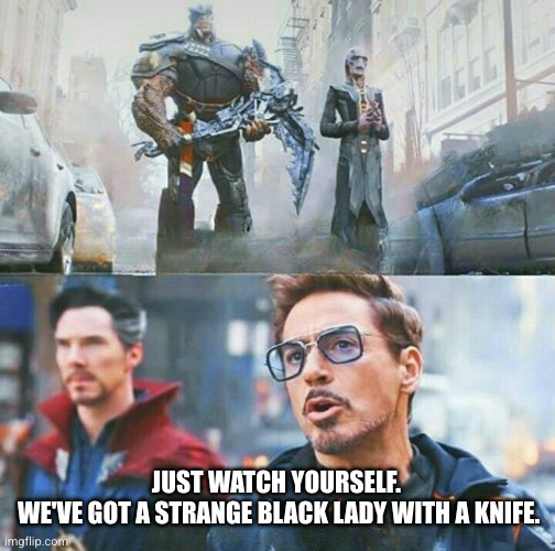 Ebony Maw and the Black Order confronting the Avengers | JUST WATCH YOURSELF. 
WE'VE GOT A STRANGE BLACK LADY WITH A KNIFE. | image tagged in ebony maw and the black order confronting the avengers | made w/ Imgflip meme maker