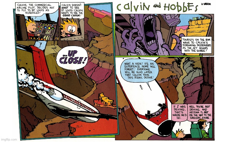 Thank you for flying Calvin Airlines… | image tagged in calvin and hobbes,comics,airplane,grand canyon,arizona,mom | made w/ Imgflip meme maker
