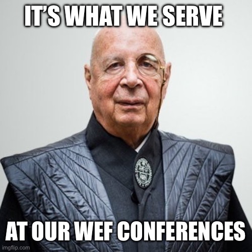 Klaus Schwab | IT’S WHAT WE SERVE AT OUR WEF CONFERENCES | image tagged in klaus schwab | made w/ Imgflip meme maker