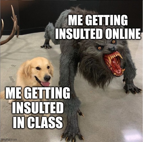 no consequences 2 | ME GETTING INSULTED ONLINE; ME GETTING INSULTED IN CLASS | image tagged in dog vs werewolf | made w/ Imgflip meme maker