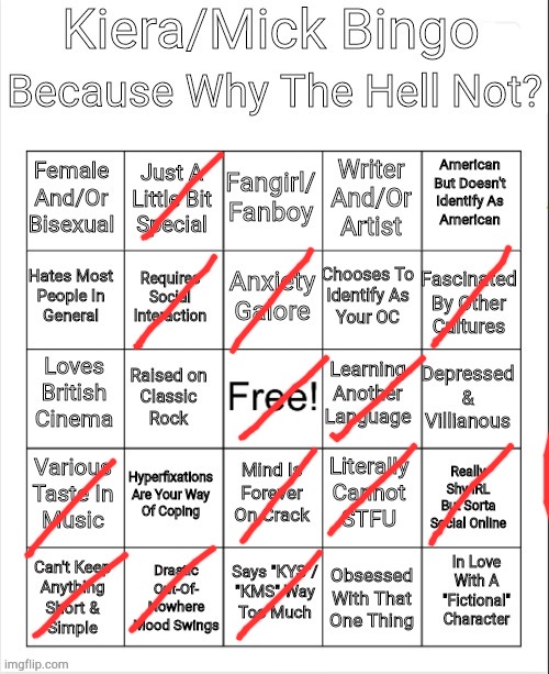 I chose "various taste of music" becuz I'm too autistic to learn about types of music | image tagged in kiera/mick bingo | made w/ Imgflip meme maker