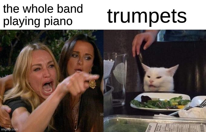 Woman Yelling At Cat | the whole band playing piano; trumpets | image tagged in memes,woman yelling at cat,band,bandkids,trumpet,piano | made w/ Imgflip meme maker