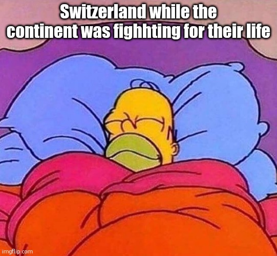 Homer Simpson sleeping peacefully | Switzerland while the continent was fighhting for their life | image tagged in homer simpson sleeping peacefully | made w/ Imgflip meme maker