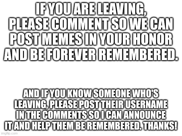 With everyone leaving, it's impossible to keep track, but I'll try my best! | IF YOU ARE LEAVING, PLEASE COMMENT SO WE CAN POST MEMES IN YOUR HONOR AND BE FOREVER REMEMBERED. AND IF YOU KNOW SOMEONE WHO'S LEAVING, PLEASE POST THEIR USERNAME IN THE COMMENTS SO I CAN ANNOUNCE IT AND HELP THEM BE REMEMBERED. THANKS! | image tagged in pls comment,need to know,remember the fallen | made w/ Imgflip meme maker